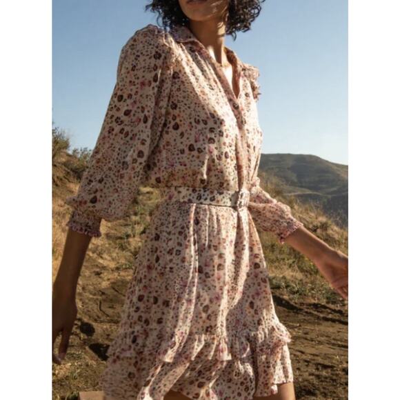 Hale Bob Dresses & Skirts - Hale Bob Boho Leopard Print S Belted Ruffle Mini Dress Collared Long Sleeve